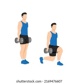 Man doing Dumbbell walking lunges exercise. Flat vector illustration isolated on white background