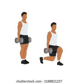 Hombre haciendo ejercicio de pulmones para caminar Dumbbell. Ilustración vectorial plana aislada en fondo blanco