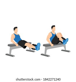 Man doing dumbbell weighted leg pull-ins. Abdominals exercise. Flat vector illustration isolated on white background.