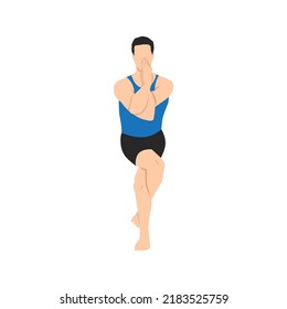 Hombre haciendo ejercicio de águila posando Garudasana. Ilustración vectorial plana aislada en fondo blanco