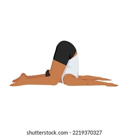 Man doing Ear Pressure Pose, Halasana Variation Knees to Floor, Deaf Mans Pose. Practice Karnapidasana.. Flat vector illustration isolated on white background