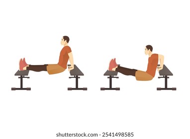 Homem fazendo exercício Tricep Dip elevado com banco em 2 passos para guia de exercício. Ilustração sobre o treino para o músculo tríceps brach ajuste.