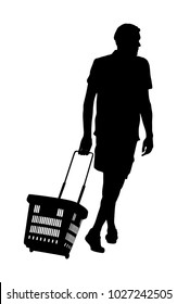 Man doing everyday grocery shopping with shopping basket at supermarket, vector silhouette isolated on white. Male usual walk after work with consumer bag buy food and another goods in market.