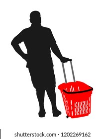 Man doing everyday grocery shopping with shopping basket at supermarket, vector silhouette isolated on white. Male usual walk after work with consumer bag buy food and another goods in market.