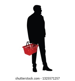 Man doing everyday grocery shopping with shopping basket at supermarket, vector silhouette isolated on white. Male usual walk after work with consumer bag buy food and another goods in market. - Vecto