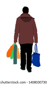 Man doing everyday grocery shopping with shopping basket at supermarket, vector illustration isolated on white background. Male usual walk after work with consumer bags buy food and another goods.