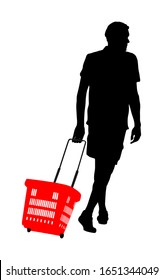 Man doing everyday grocery shopping with shopping basket at supermarket, vector silhouette isolated on white. Boy usual walk after work with consumer bag buy food and another goods in market.