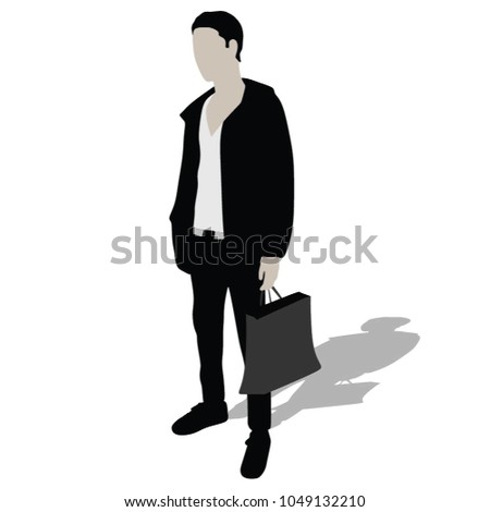 Man doing everyday grocery shopping with shooping bag at the shop , vector silhouette isolated on white background. Man with paper bags. Vector.