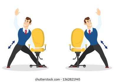 Man doing exercise for back stretch in office. Workout during the break. Stretching neck and shoulder. Body relaxation. Vector illustration in cartoon style