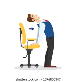 Man doing exercise for back stretch in office. Workout during the break. Stretching neck and shoulder. Body relaxation. Vector illustration in cartoon style