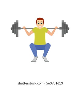Man doing exercise with barbell in the gym. Vector illustration.