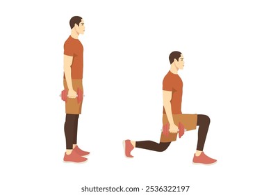 Homem fazendo exercício com Dumbbell Almoço reverso em 2 passos. Ilustração sobre Fitness com equipamentos leves.