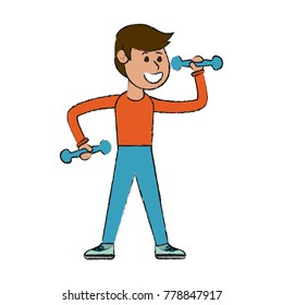 Man doing exercise with dumbbells cartoon