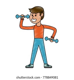 Man doing exercise with dumbbells cartoon