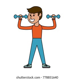 Man doing exercise with dumbbells cartoon