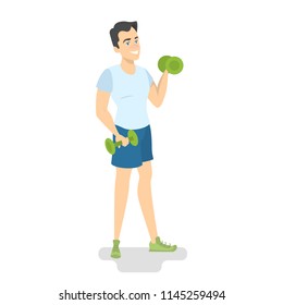 Man doing exercise with dumbbells. Handsome guy lifting weighs. Muscle building. Healthy lifestyle and athletic body concept. Isolated vector illustration