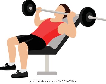 Man doing exercise with dumbbells. Handsome guy lifting weighs. Muscle building. Healthy lifestyle and athletic body concept. Isolated vector illustration - Vector