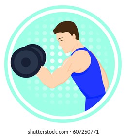 Man doing exercise with dumbbells. Sport logo. Healthy lifestyle. Sportsman with sports equipment.