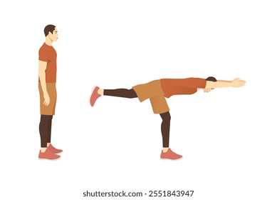 Man doing Exercise guide by Single Leg Reach in 2 step. Illustration about workout posture.