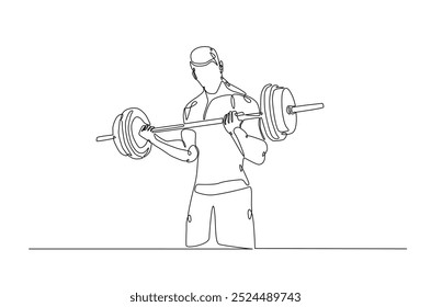 Hombre haciendo ejercicio con una barra de peso pesado en dibujo continuo de una línea. Ejercicios de cardio y levantamiento ilustración de arte de una sola línea. Vector editable.