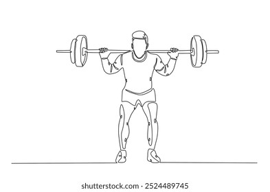 Man doing exercise with a heavy weight bar in continuous one line drawing. Cardio and lifting exercises single line art illustration. Editable vector.
