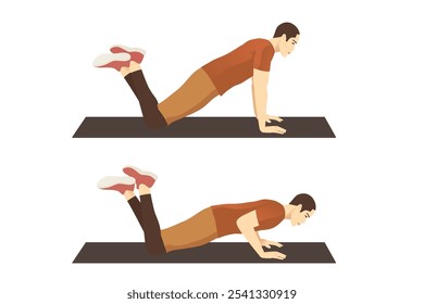 Man doing exercise with Knee Push Up in 2 steps. Cartoon for workout diagram in exercise posture for flat abs.