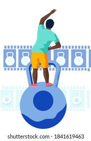 Man doing exercise leans to the side with outstretched arm back view vector illustration. Healthy lifestyle. Male character doing stretching exercises, standing on a big weight on white background