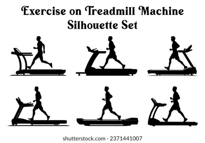 Man doing Exercise on Treadmill Machine, Set of Spin Bike Silhouette Vector Bundle, Indoor Exercise Machine silhouettes