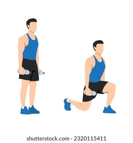 Hombre haciendo ejercicio en el Inverso Lunge pose con una botella de agua. Ilustración vectorial plana aislada en fondo blanco