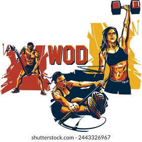 a man doing an exercise with a rope, a woman lifting a heavy weight, and another woman doing her toes to bar