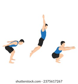 Man doing exercise in standing long jumping postures. Illustration about step by step of fitness pose for good exercise. Flat vector illustration isolated on white background