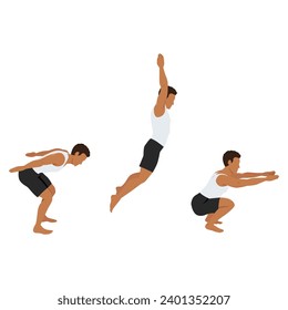 Man doing exercise in standing long jumping postures. Illustration about step by step of fitness pose for good exercise. Flat vector illustration isolated on white background