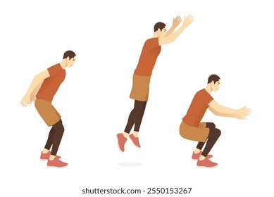 Homem fazendo exercício em pé longas posturas de salto. Ilustração sobre passo a passo da pose de aptidão para o bom exercício.