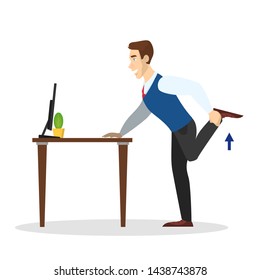Man doing exercise for stretch in office. Workout during the break. Stretching leg. Body relaxation. Vector illustration in cartoon style