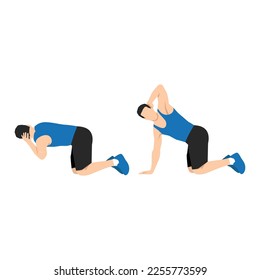 Man doing exercise in thoracic rotation pose or quadruped rotation. Flat vector illustration isolated on white background