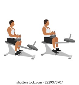 Man doing exercise using gym equipment. Seated calf machine raises. Flat vector illustration isolated on white background