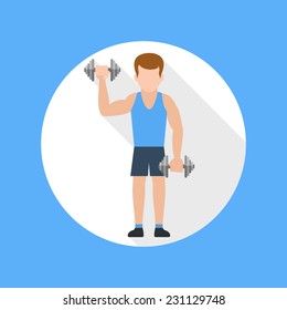 Man doing exercises with barbell icon with long shadow