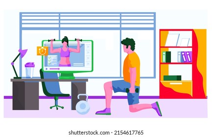 A man doing exercises with dumbbells at home front of the TV. Character goes in for sports on an online video lesson, healthy active lifestyle, health care. Comfortable fitness with equipment