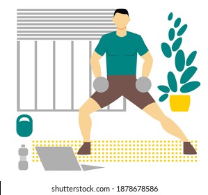 Man doing exercises with dumbbells. Online trainers and telecommuting in the fitness industry. The concept of being at home during a pandemic. Flat image isolated on white background. Vector.
