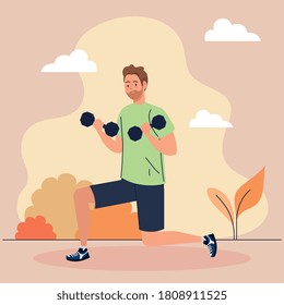 man doing exercises with dumbbells outdoor, sport recreation vector illustration design