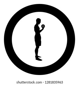 Man doing exercises with dumbbells Sport action male Workout silhouette side view icon black color vector illustration flat style simple imagein circle round