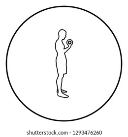 Man doing exercises with dumbbells Sport action male Workout silhouette side view icon black color outline vector illustration flat style simple image in circle round