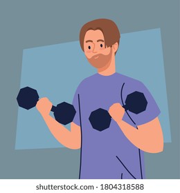 man doing exercises with dumbbells, sport recreation concept vector illustration design