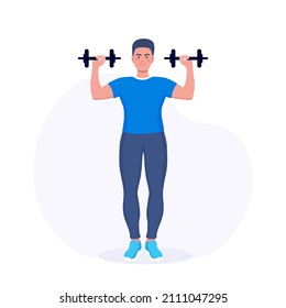 Man doing exercises with dumbbells, training at home with sport equipment. Sport and muscle building. Sportive person doing arm workout in gym. Trainer conducts strength training. Vector design