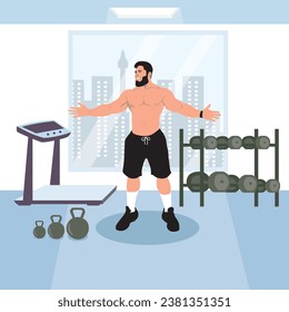 Man doing exercises in the gym. Vector illustration in flat style.