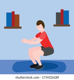 Man is doing exercises at home. Fitness, squatting. Boy in red shirt and black shorts. Work out, training, slimming, weight loss concept, healthy lifestyle. Vector illustration in cartoon flat style.