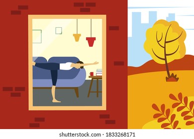 Man doing exercises at home. Illustration of half a house and a street. Vector autumn illustration in flat style.