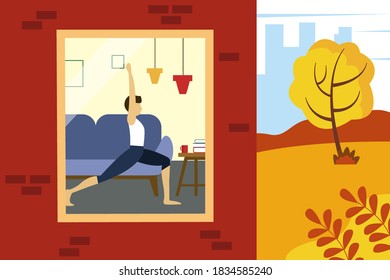 Hombre haciendo ejercicios en casa. Ilustración de media casa y una calle. Ilustración vectorial de otoño en estilo plano.