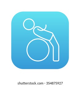Man doing exercises lying on gym ball line icon for web, mobile and infographics. Vector white icon on the blue gradient square with rounded corners isolated on white background.