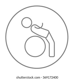 Man doing exercises lying on gym ball line icon.